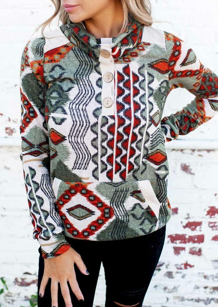 

Aztec Geometric Kangaroo Pocket Button Sweatshirt, Multicolor, 488331