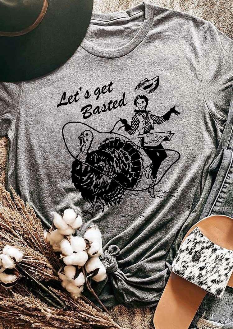 

Turkey Let's Get Basted Cowboy T-Shirt Tee - Gray, 488374