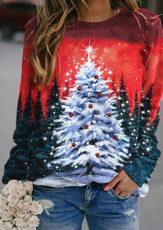 

Christmas Tree Snowflake O-Neck Pullover Sweatshirt - Red, 487499