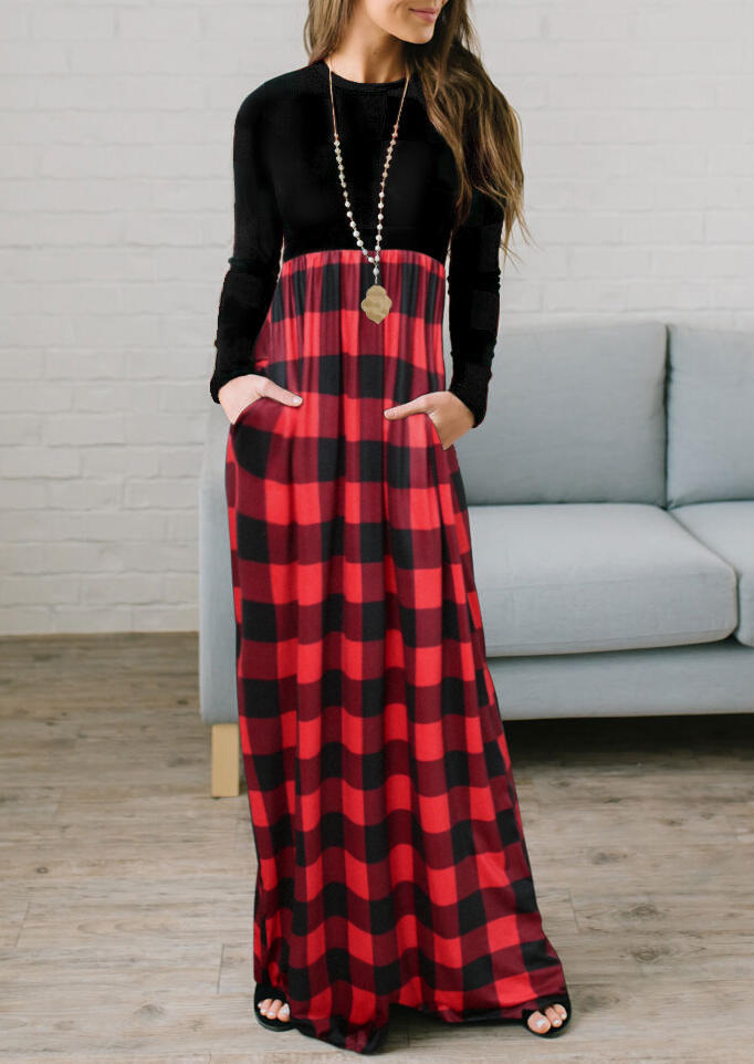 

Buffalo Plaid Pocket Maxi Dress - Black, 487636