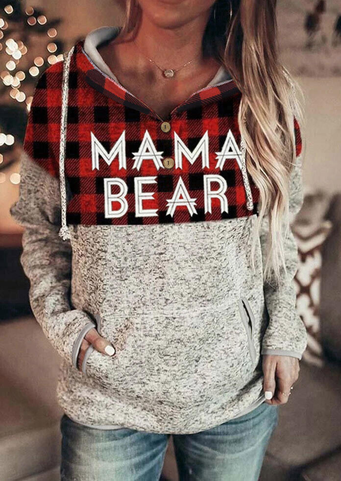 

Christmas Plaid Mama Bear Kangaroo Pocket Drawstring Hoodie - Light Grey, 488370