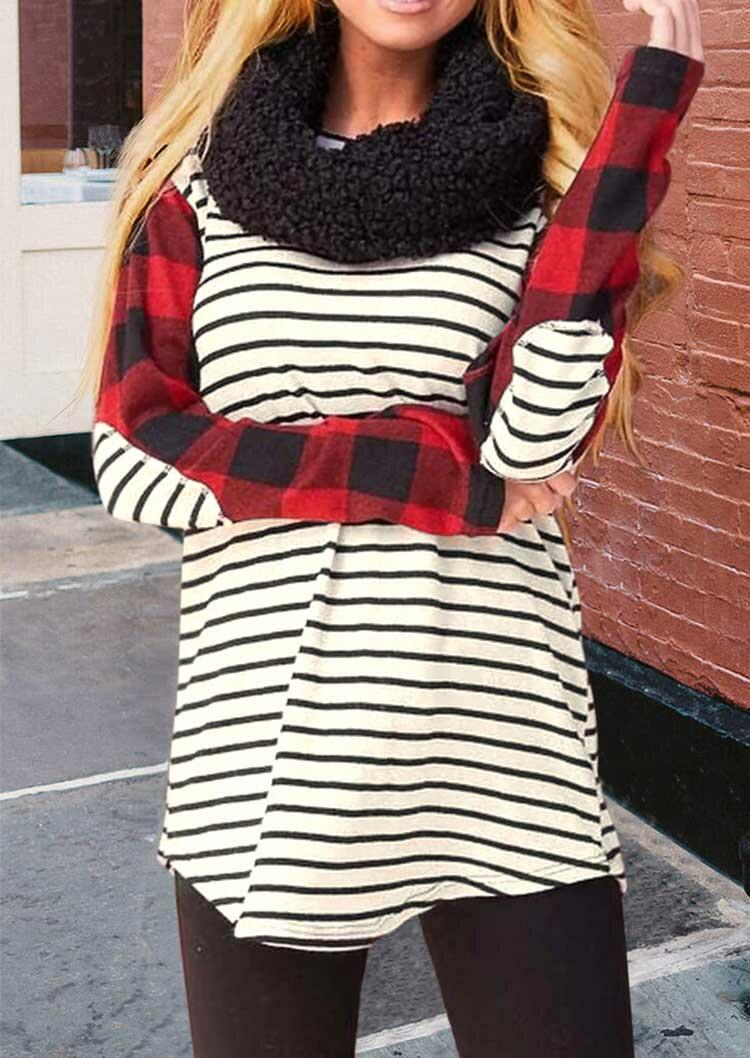 

Buffalo Plaid Splicing Striped Elbow Patch Blouse, 488382