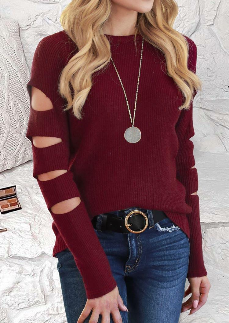 

Hollow Out Long Sleeve O-Neck Knitted Sweater - Burgundy, 488388