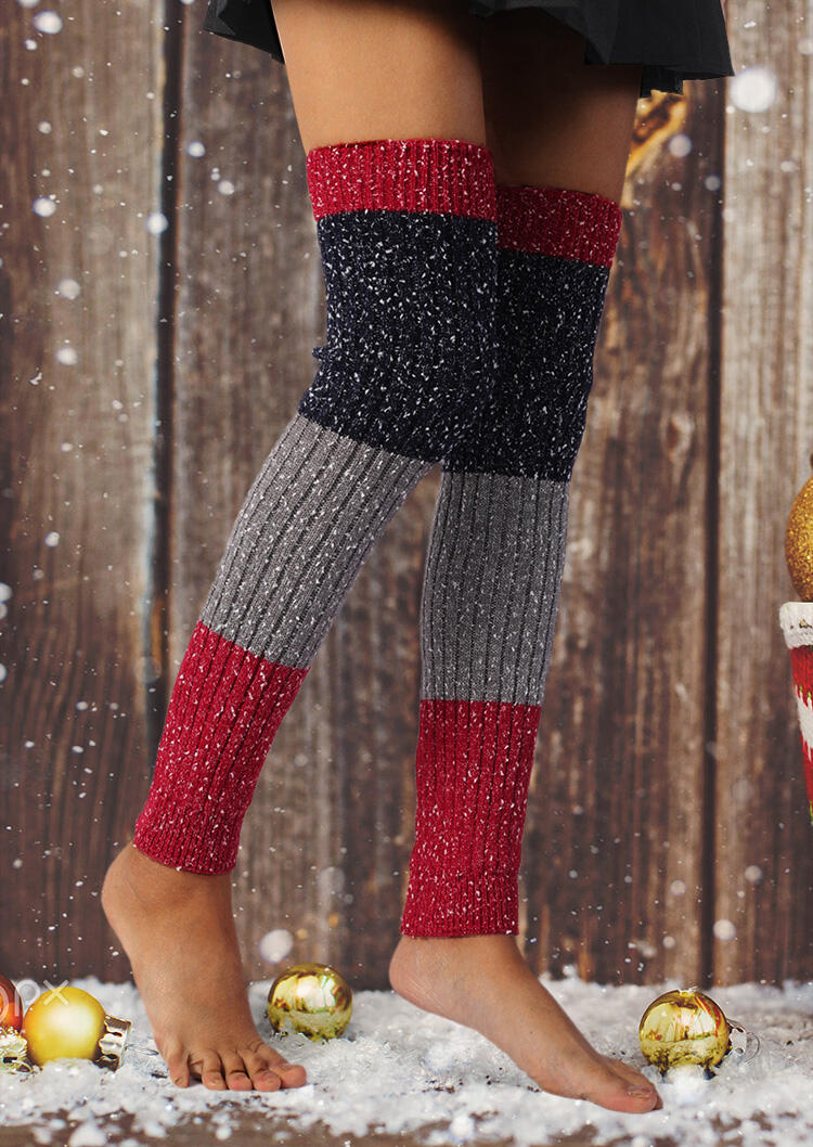 

Snowflake Color Block Over Knee Knitted Leg Warmers Socks, Red, 488393