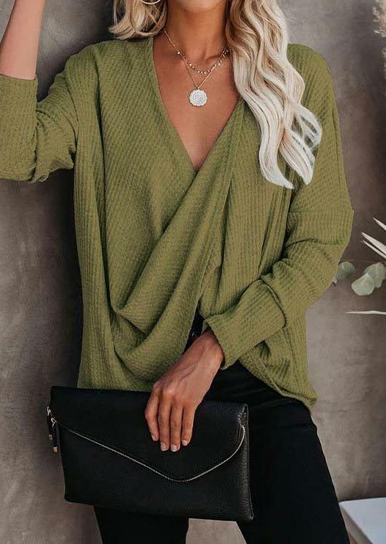 

Waffle Twist V-Neck Long Sleeve Blouse - Army Green, 488398