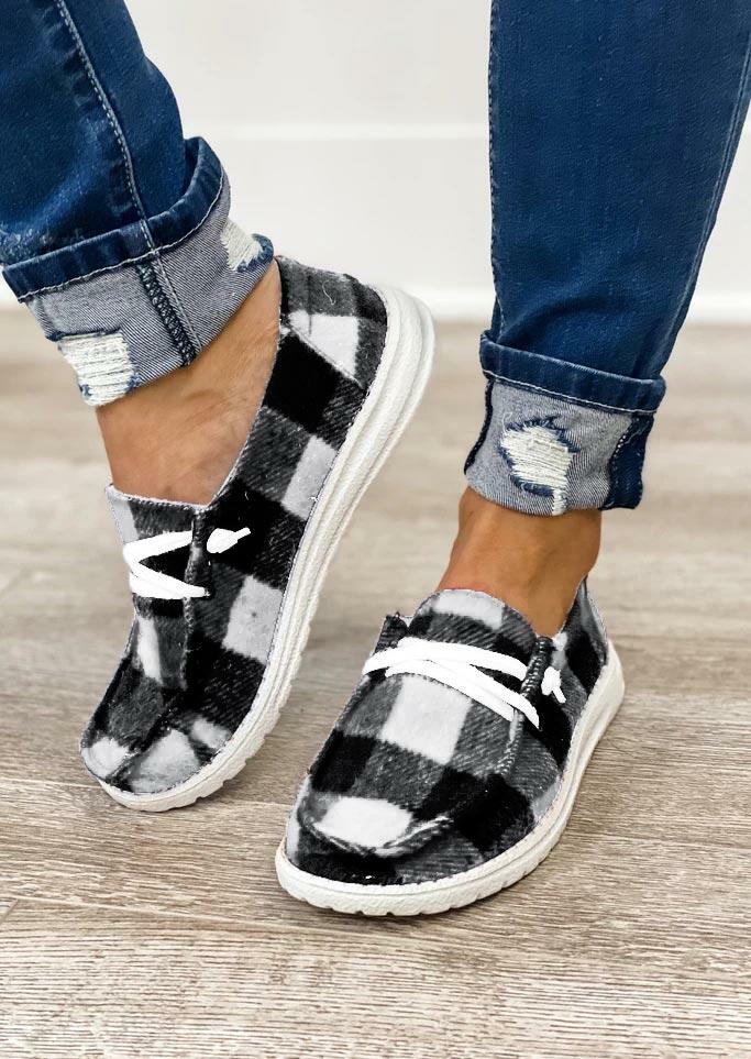 Plaid Lace Up Round Toe Flat Sneakers - Black