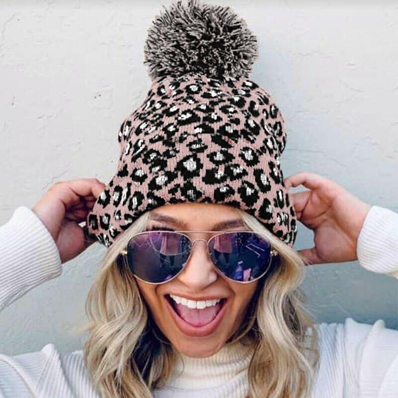 

Leopard Winter Warm Knitted Hairball Hat, Pink, 488429