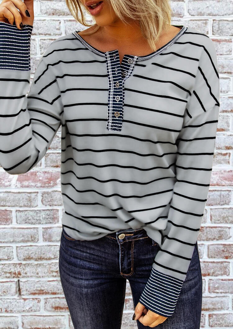 

Striped Splicing Button Long Sleeve Blouse - Gray, 488453