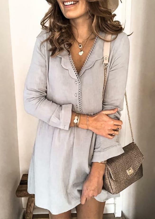 

Ruffled Button Lace Splicing V-Neck Mini Dress - Gray, 488477