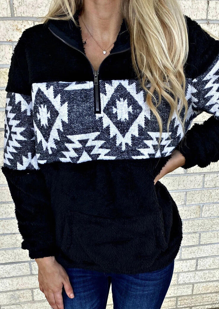 

Aztec Geometric Zipper Collar Fleece Sweatshirt - Black, 488545