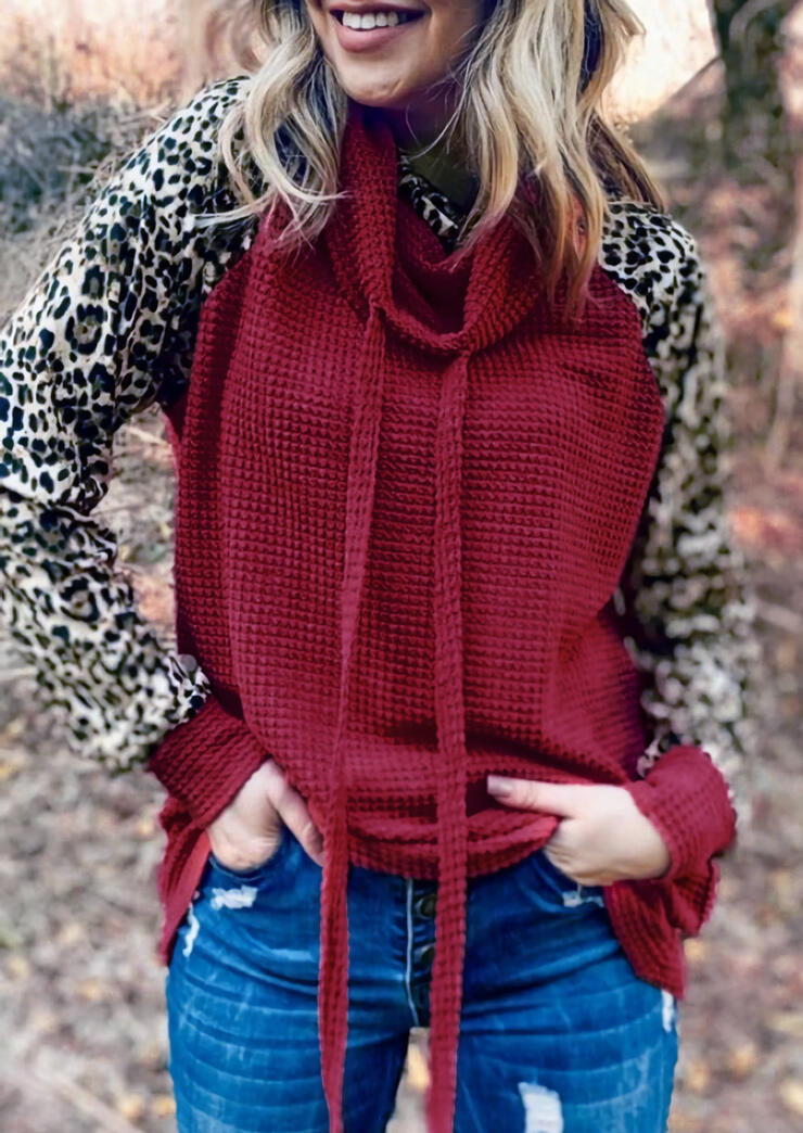 

Leopard Splicing Waffle Drawstring Cowl Neck Sweatshirt - Burgundy, 488546