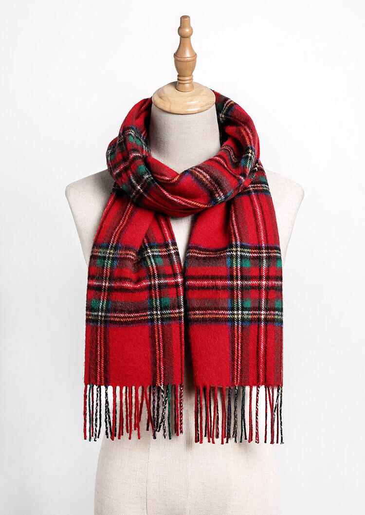 

Feelily Classic Red Plaid Tartan Tassel Cashmere Scarf With Gift Bag, B101720
