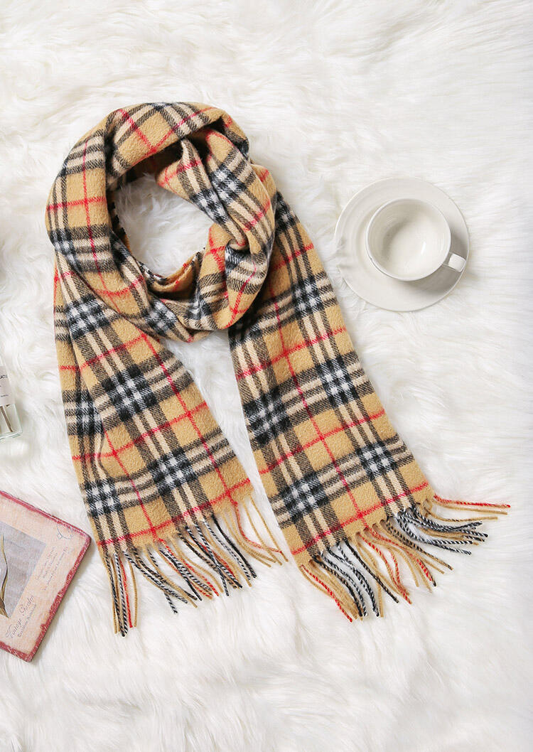 

Feelily Unisex Plaid Tartan Tassel Lambswool Scarf, Camel, B102181
