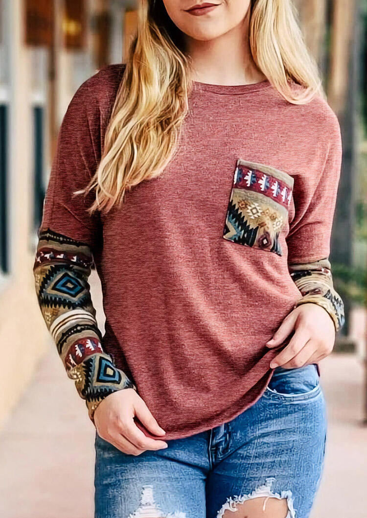 

Aztec Geometric Splicing Pocket Hollow Out Blouse - Brick Red, 485380