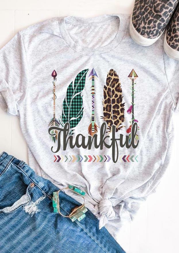 

Thankful Leopard Plaid Feather ArrowT-Shirt Tee - Light Grey, 488156