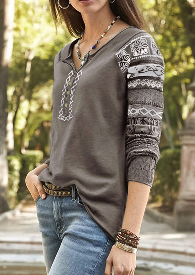 

Vintage Geometric Button Raglan Sleeve Blouse - Gray, 488356