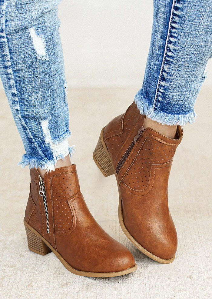 

Winter Perforated Zipper Chunky Heel Ankle Boots - Brown, 488414