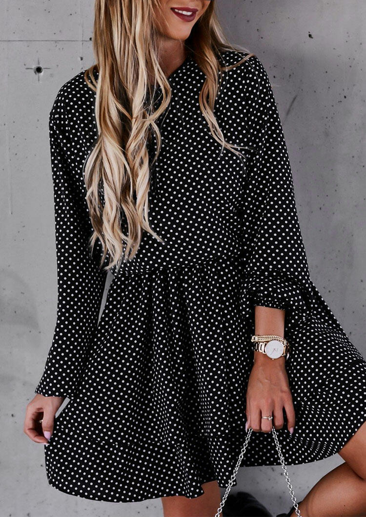 Polka Dot Ruffled Elastic Cuff Tie Mini Dress - Black