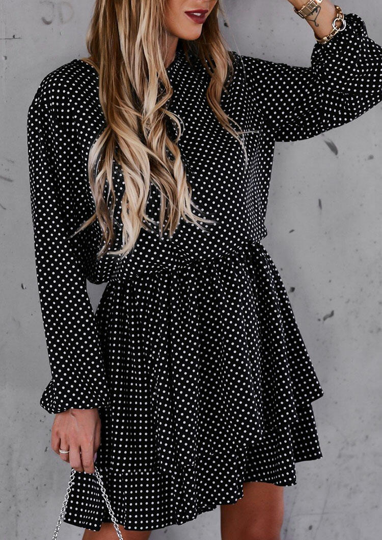 Polka Dot Ruffled Elastic Cuff Tie Mini Dress - Black