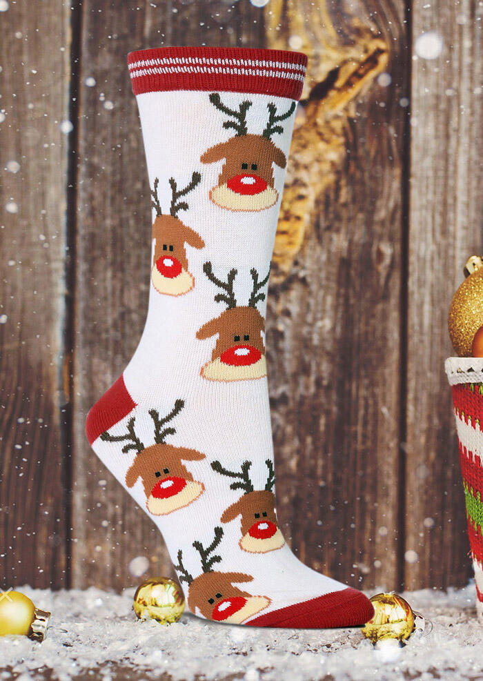 

Christmas Cartoon Reindeer Knitted Casual Socks - White, 488478
