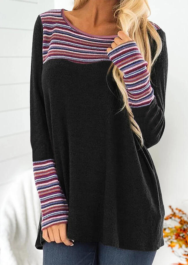 

Colorful Striped Splicing O-Neck T-Shirt Tee - Black, 488508