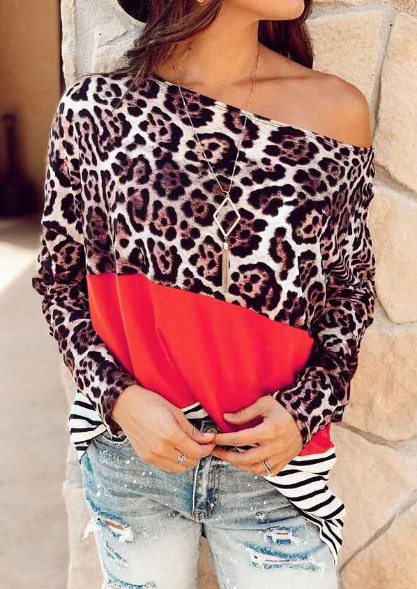 

Leopard Striped Color Block Long Sleeve Blouse, 488510