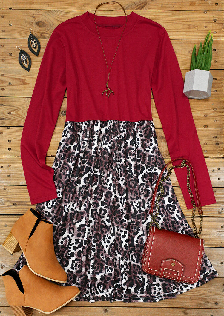 

Leopard Splicing Elastic Waist O-Neck Mini Dress - Red, 488511