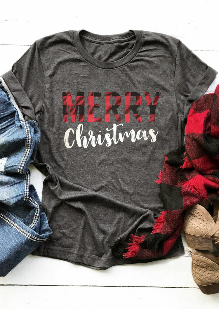 

Merry Christmas Buffalo Plaid O-Neck T-Shirt Tee - Dark Grey, 488521