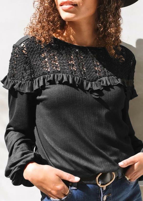 

Lace Splicing Hollow Out Ruffled Blouse - Black, 488550