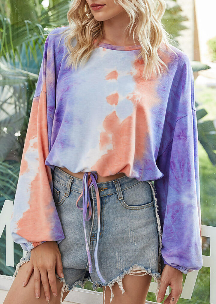 

Tie Dye Drawstring Lantern Sleeve Sweatshirt, Multicolor, 488557