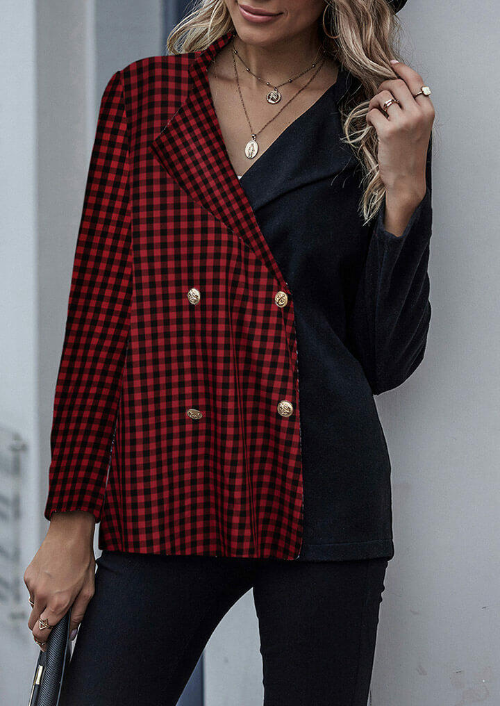 

Color Block Houndstooth Button Lapel Coat - Red, 488559