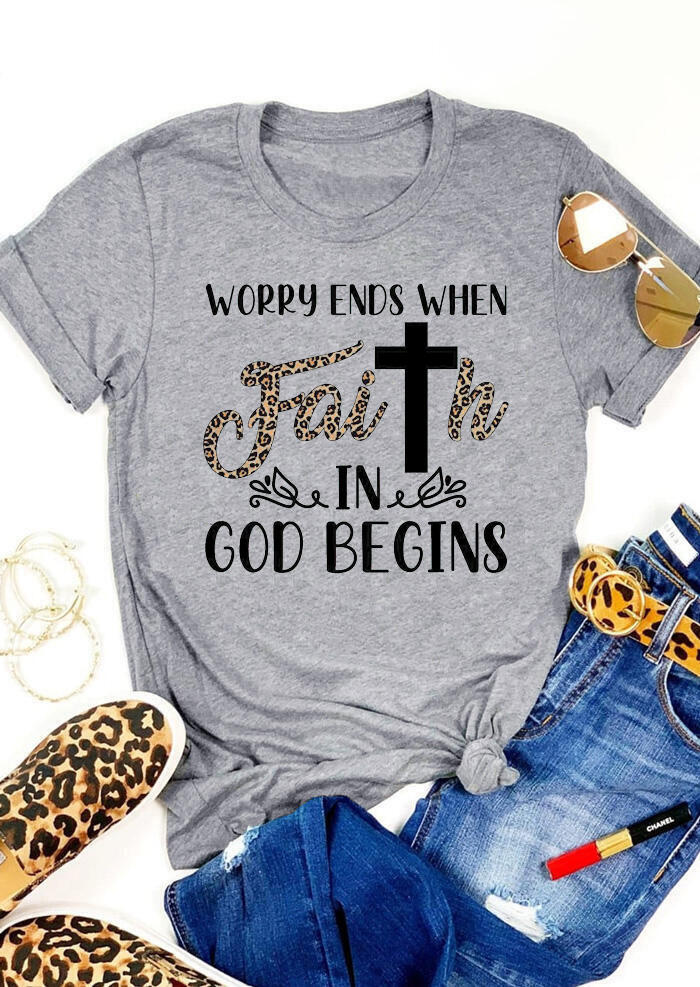 

Worry Ends When Faith In God Begins Leopard Cross T-Shirt Tee - Light Grey, 488582