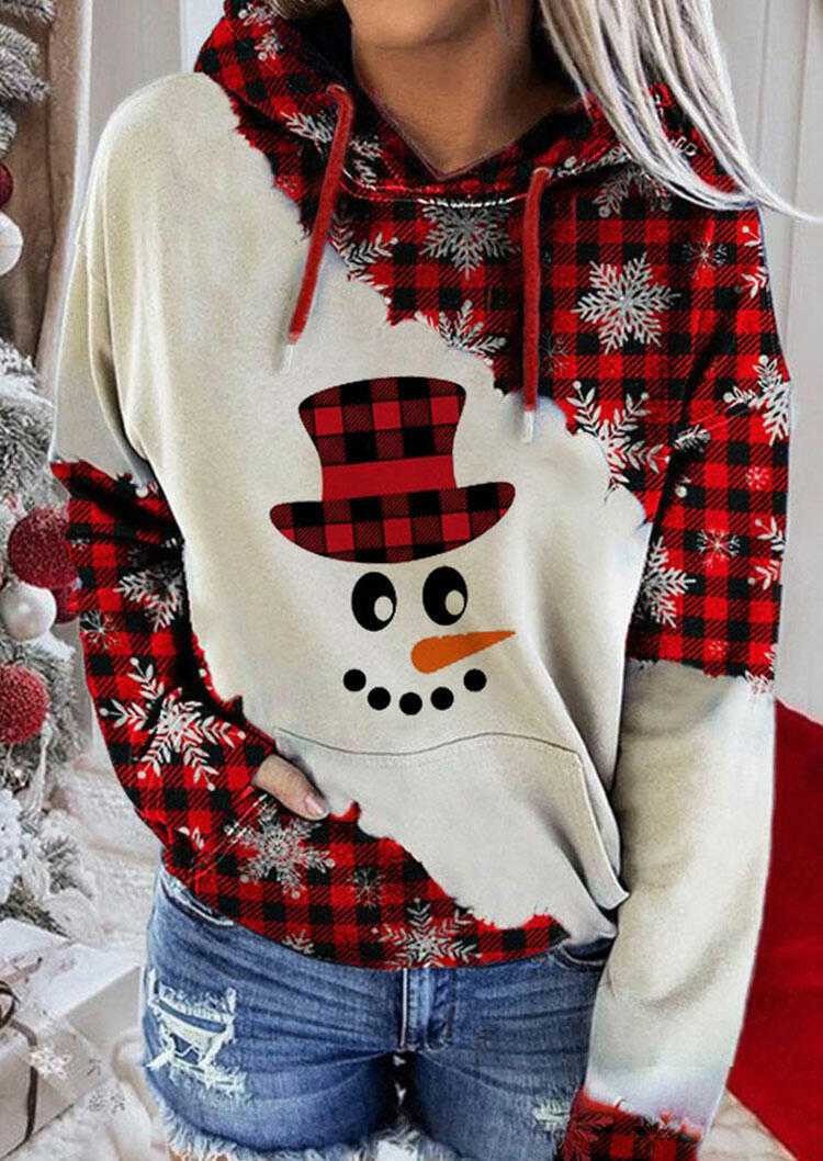 

Snowman Face Snowflake Plaid Drawstring Hoodie, Multicolor, 488584