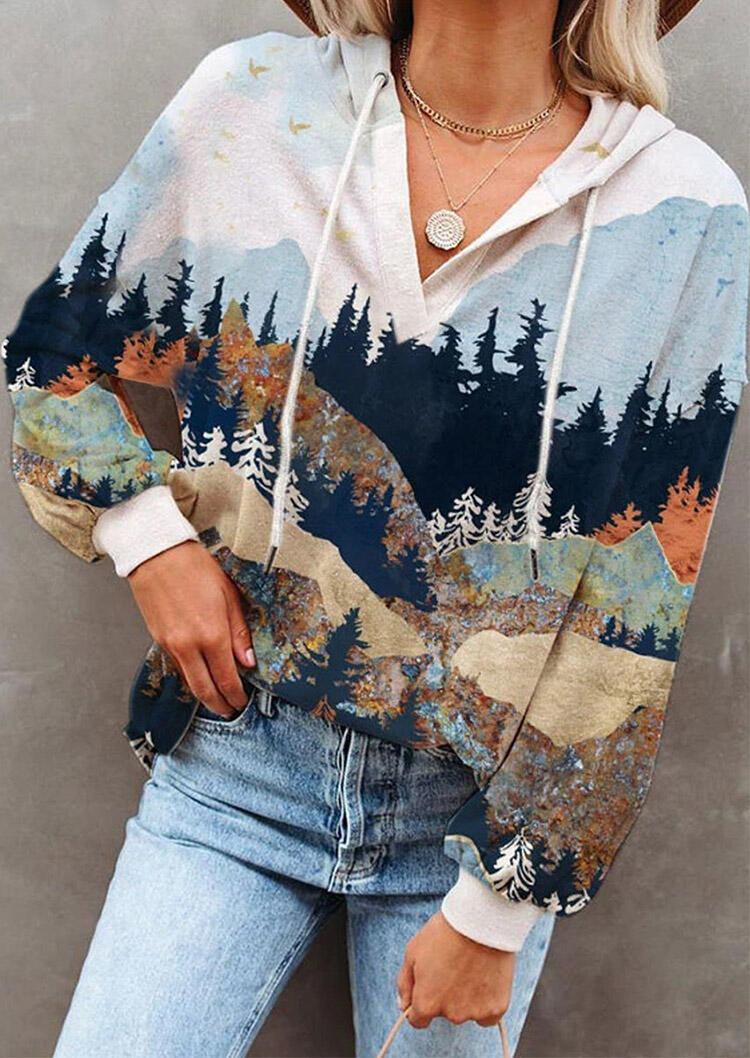 

Mountain Forest V-Neck Drawstring Long Sleeve Casual Hoodie, Multicolor, 488634
