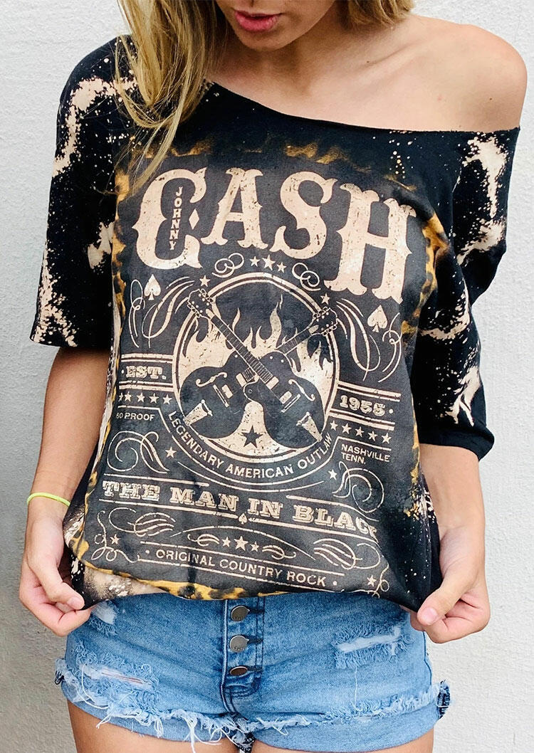 Johnny Cash Bleached O-Neck T-Shirt Tee - Black