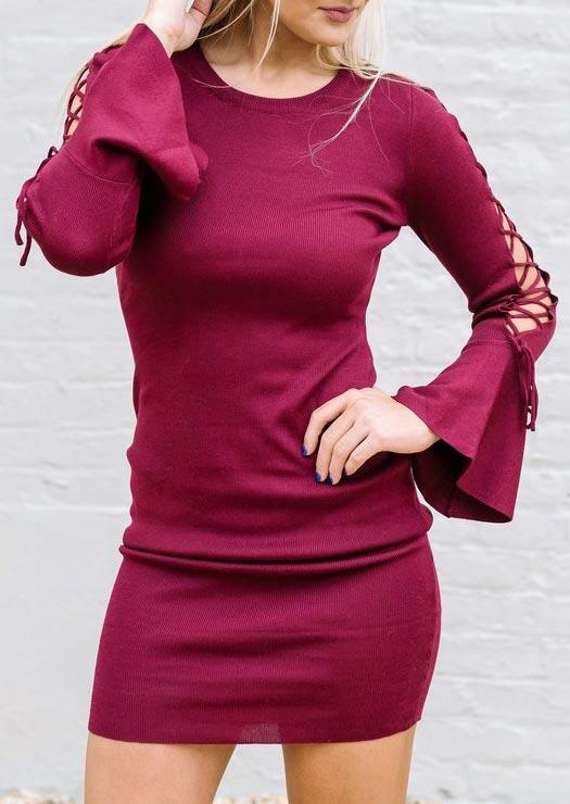 

Lace Up Flare Sleeve O-Neck Bodycon Dress - Plum, 488673