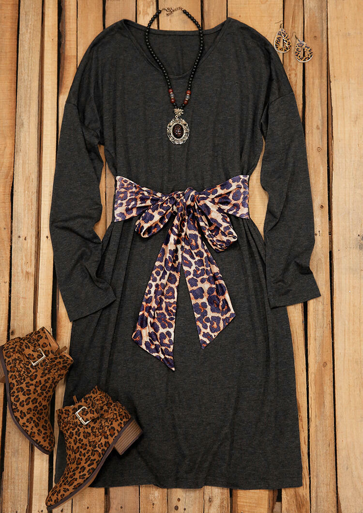 

Leopard Tie V-Neck Long Sleeve Mini Dress - Dark Grey, 486829