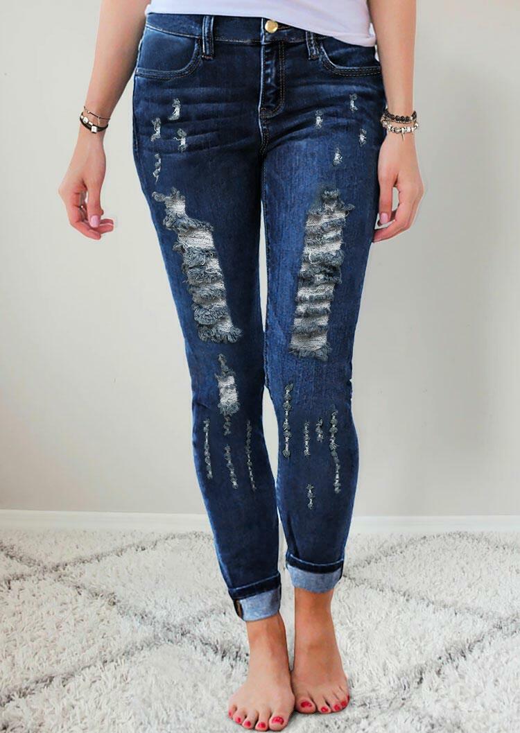 

Ripped Hole Pocket Zipper Denim Pants - Blue, 488051