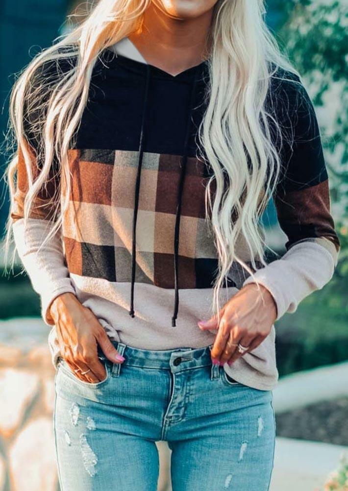 

Plaid Splicing Drawstring Long Sleeve Pullover Hoodie, Multicolor, 488159