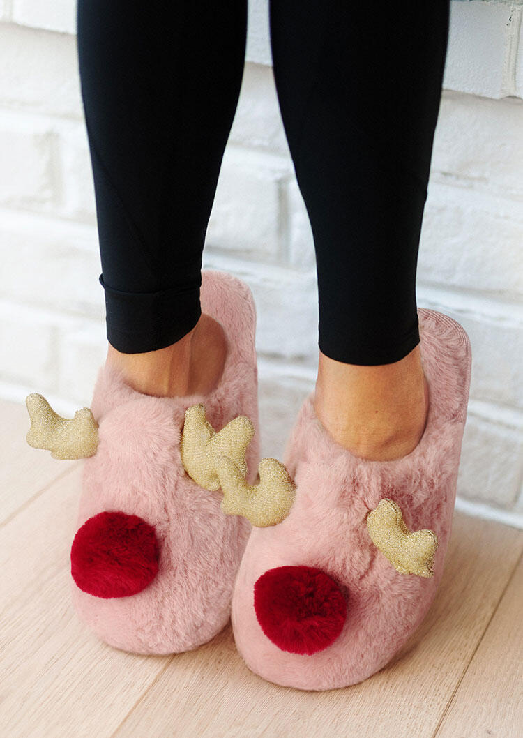 

Christmas Reindeer Warm Plush Indoor Slippers - Pink, 488447