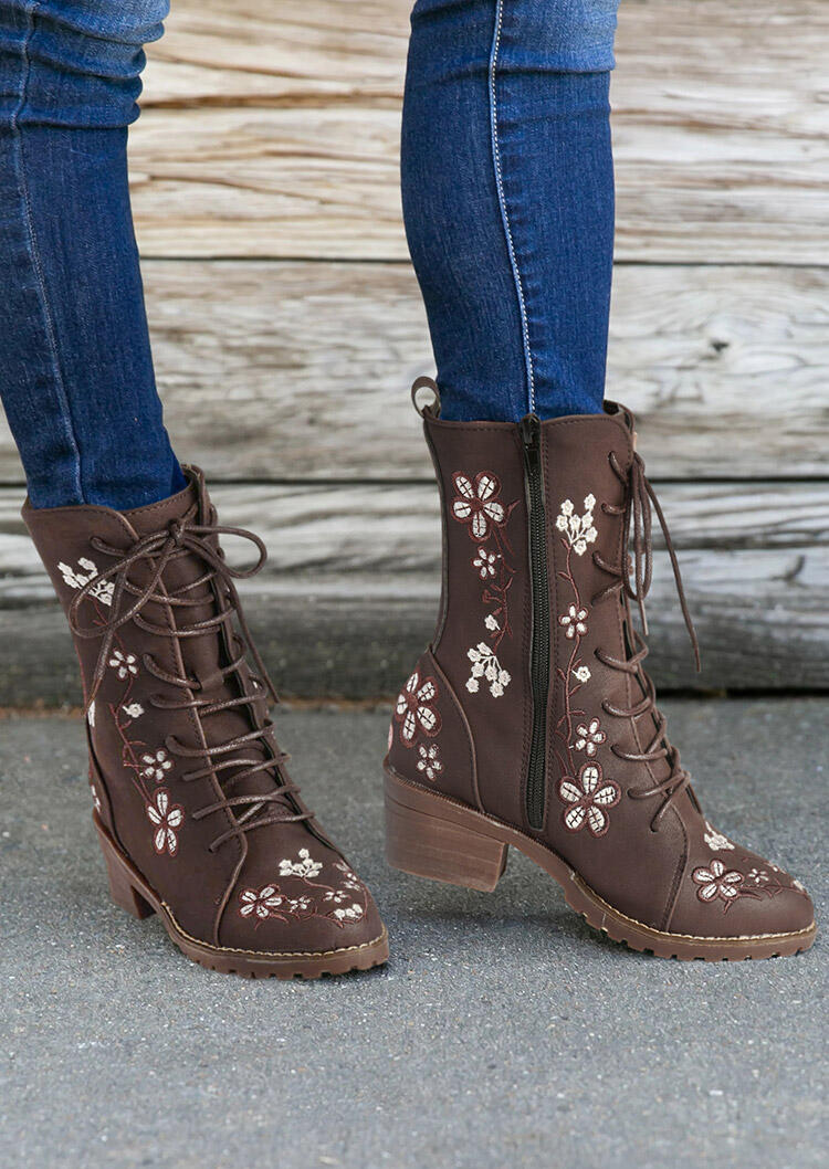 

Floral Lace Up Zipper Round Toe Chunky Heel Boots, Coffee, 488457