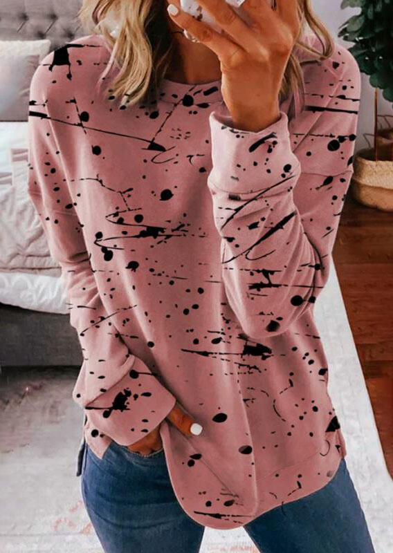 

Graffiti Splash Ink Slit Long Sleeve O-Neck Blouse - Pink, 488529