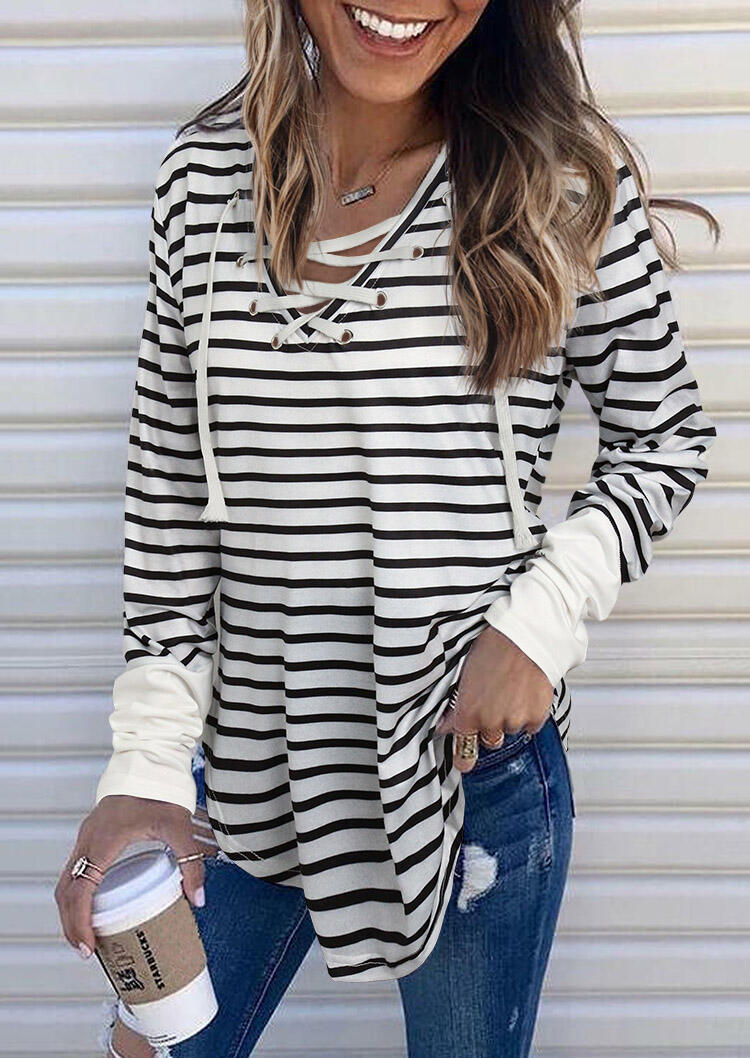 

Striped Lace Up Splicing Long Sleeve Blouse, Stripe, 488535