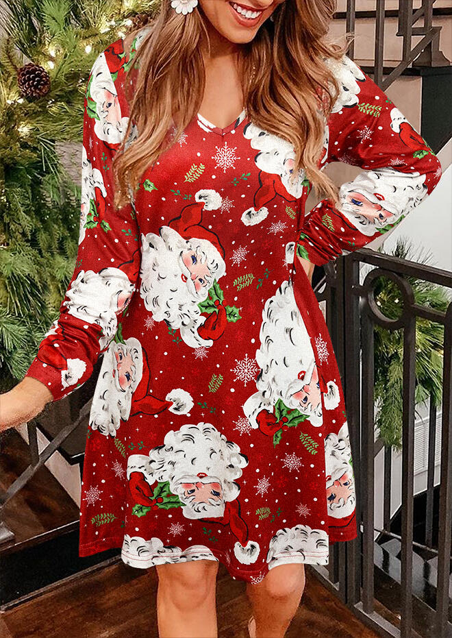 

Christmas Santa Claus Snowflake Long Sleeve Mini Dress - Red, 488569