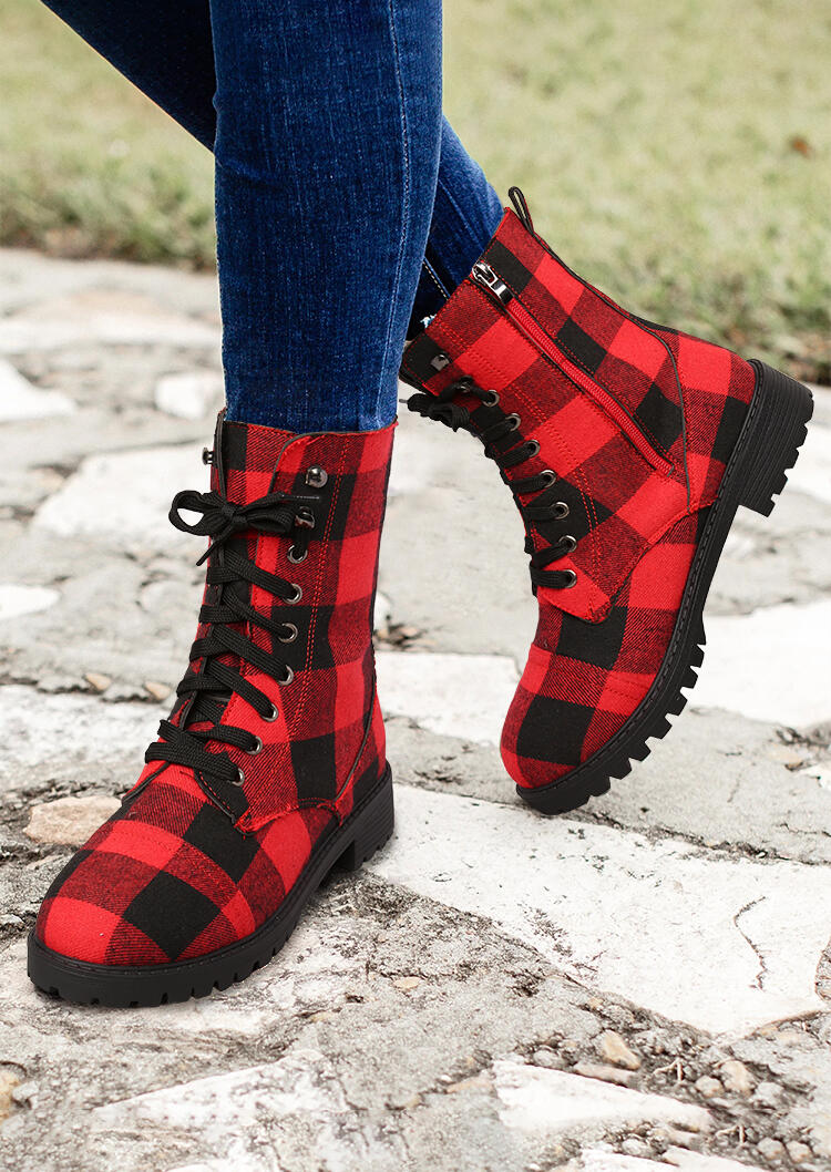 

Buffalo Plaid Zipper Low Heeled Combat Boots - Red, 488591