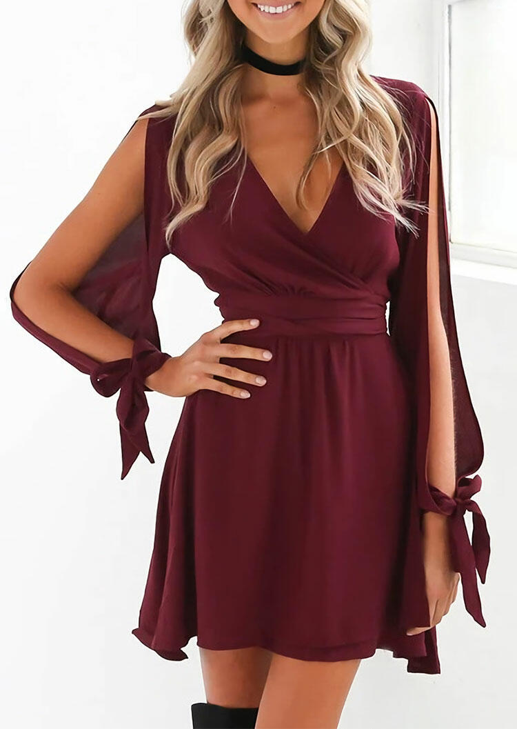 

Slit Tie Long Sleeve Wrap V-Neck Mini Dress - Burgundy, 488671