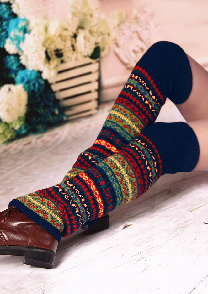 

Colorful Striped Bohemia Thigh-High Leg Warmers Socks, Navy blue;cyan, 488716