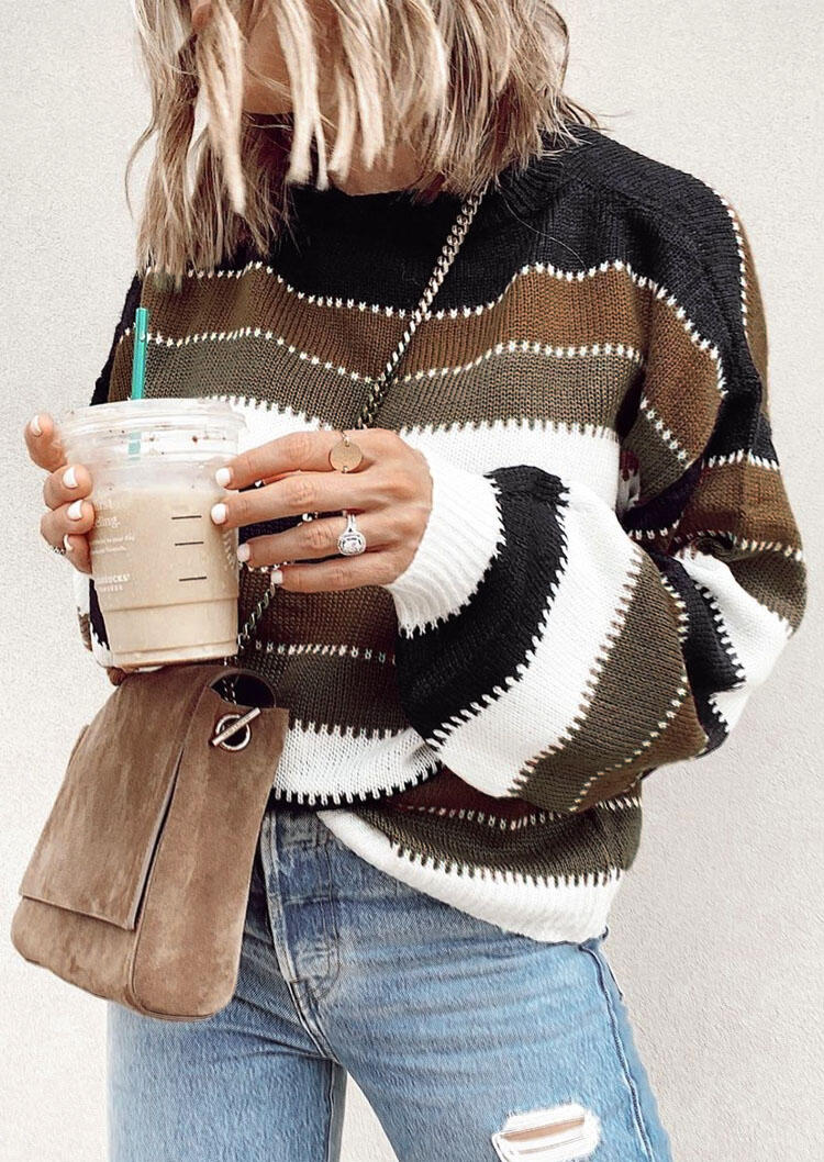 

Striped Color Block Long Sleeve Pullover Sweater, Stripe, 480181