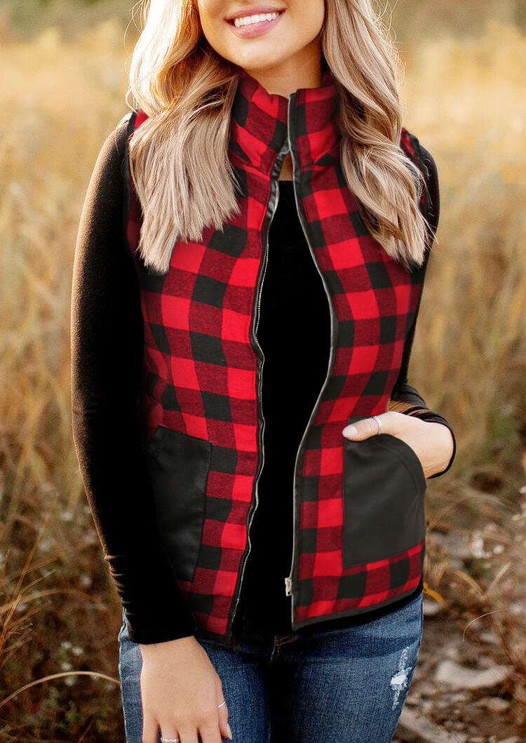 

Buffalo Plaid Splicing Pocket Zipper Hooded Vest Coat, 485225