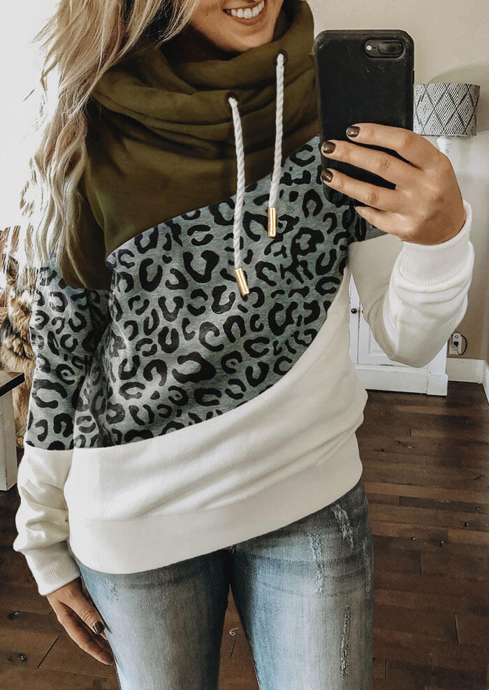 

Leopard Splicing Drawstring Long Sleeve Pullover Hoodie, Multicolor, 486570